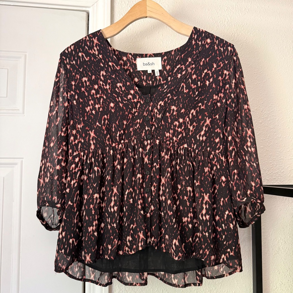 BA&SH black leopard print abstract sheer viscose long sleeve cropped blouse top